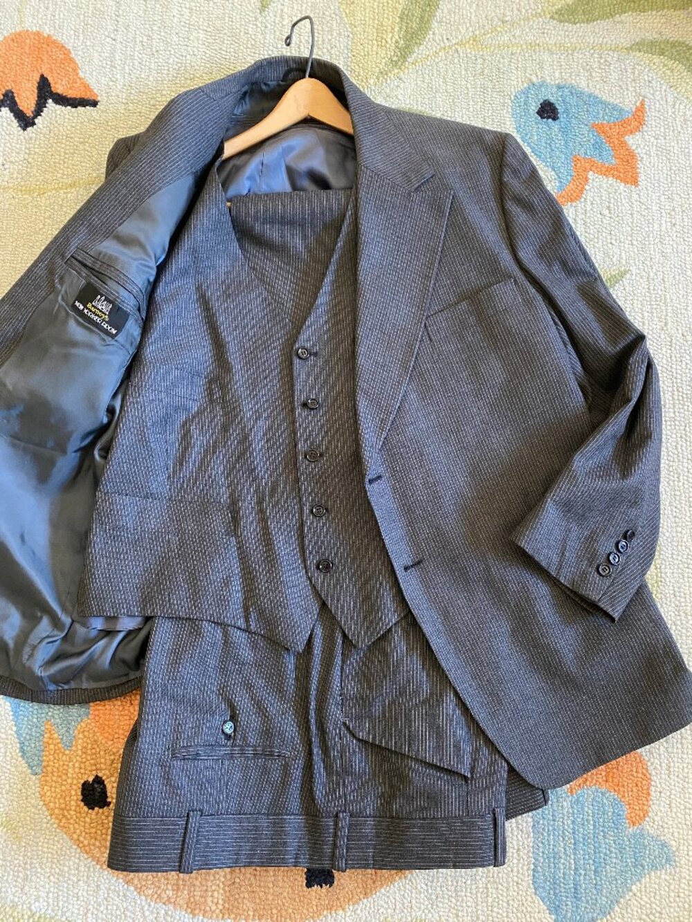 Vintage 1970s Barney's "New Yorker Room" 3-Piece Worsted Wool Pinstriped Suit